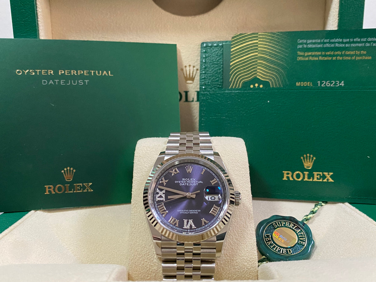 Rolex Steel Datejust 36 - Fluted Bezel - Aubergine Diamond Roman VI and IX Dial - Jubilee Bracelet - 126234