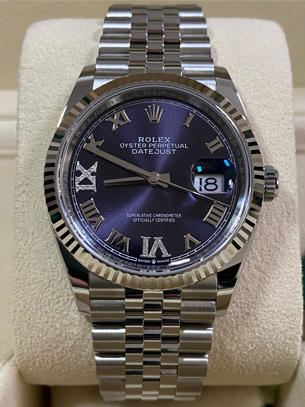 Rolex Steel Datejust 36 - Fluted Bezel - Aubergine Diamond Roman VI and IX Dial - Jubilee Bracelet - 126234