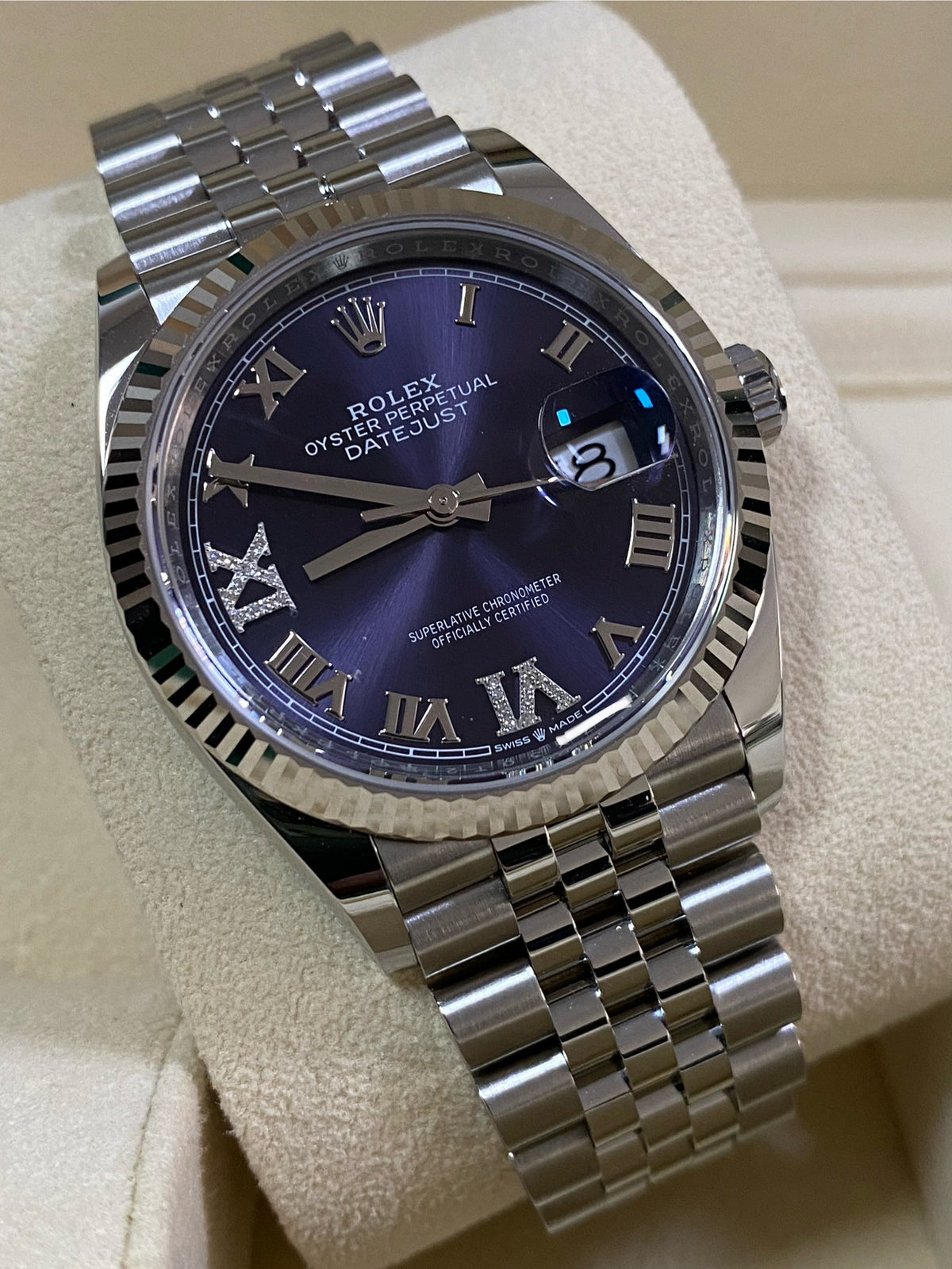 Rolex Steel Datejust 36 - Fluted Bezel - Aubergine Diamond Roman VI and IX Dial - Jubilee Bracelet - 126234