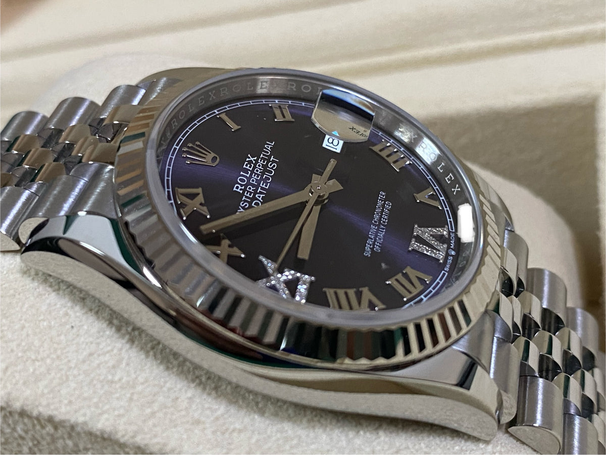 Rolex Steel Datejust 36 - Fluted Bezel - Aubergine Diamond Roman VI and IX Dial - Jubilee Bracelet - 126234