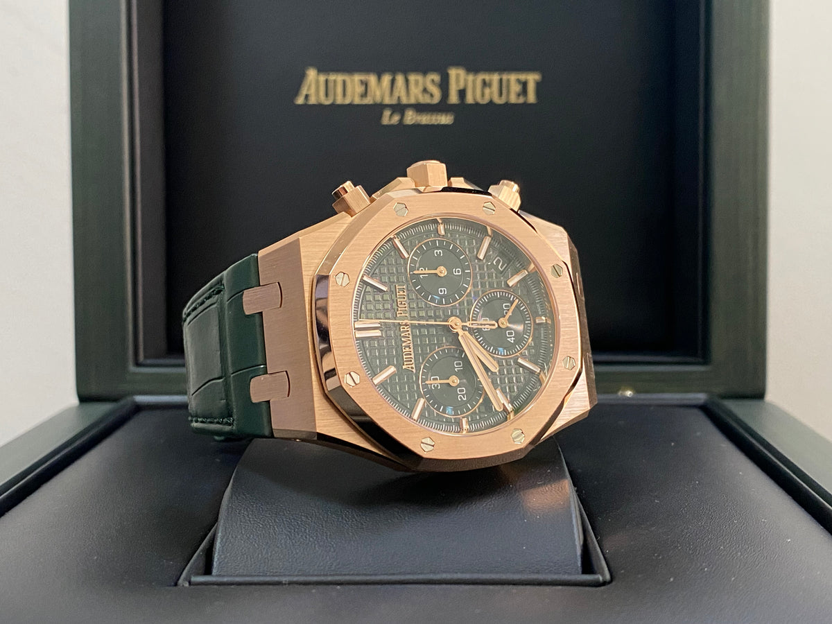 Audemars Piguet Royal Oak Chronograph 18K Pink Gold- 2023 - Green Grand Tapisserie Dial - Green Leather Strap - 26240OR