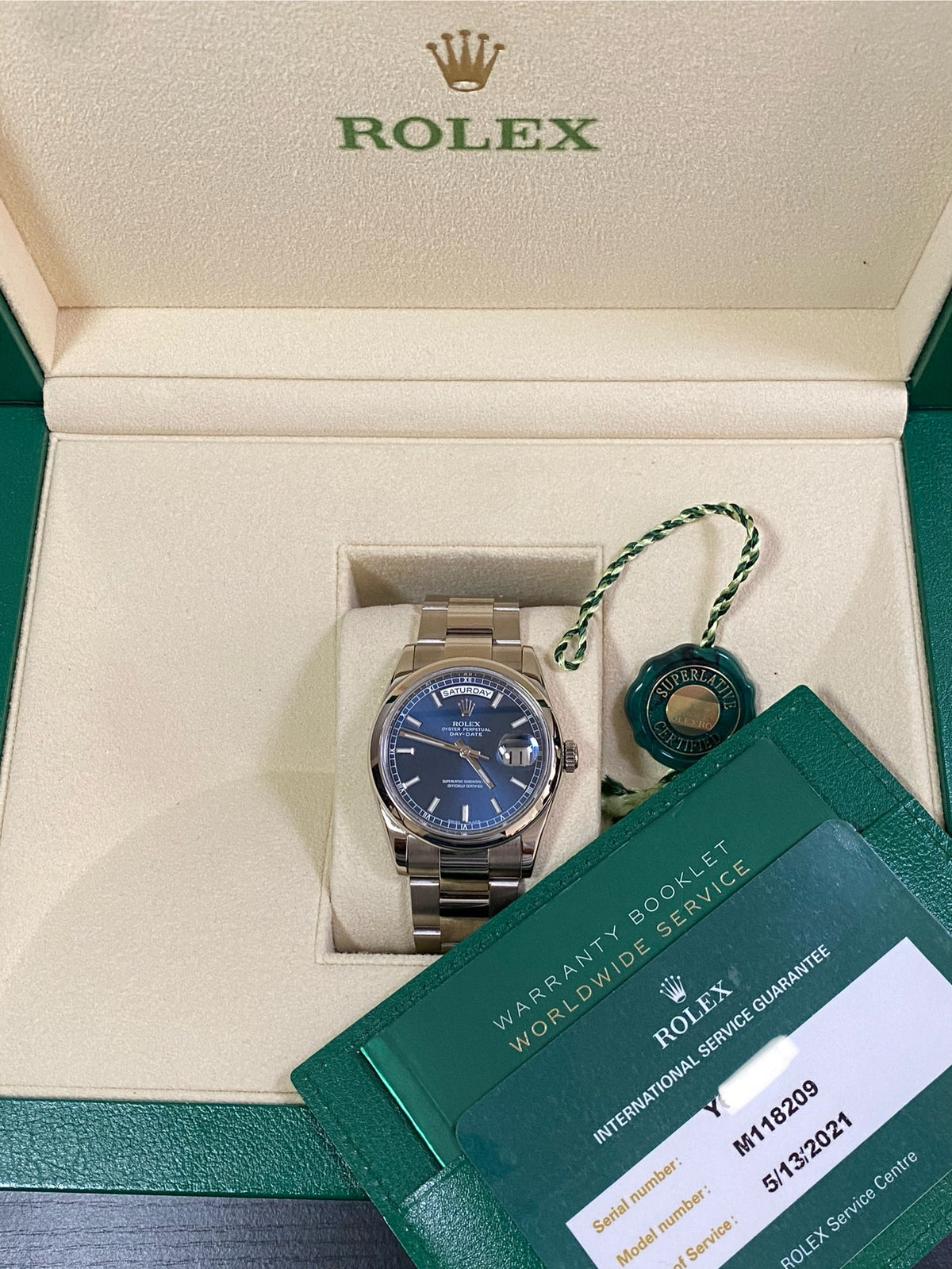 Rolex White Gold Day-Date 36 - Y Serial - Domed Bezel - Blue Index Dial - Oyster Bracelet - 118209