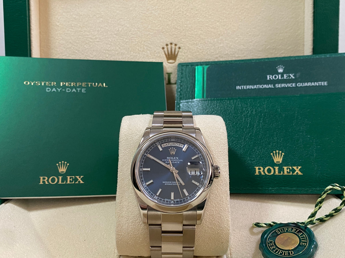 Rolex White Gold Day-Date 36 - Y Serial - Domed Bezel - Blue Index Dial - Oyster Bracelet - 118209