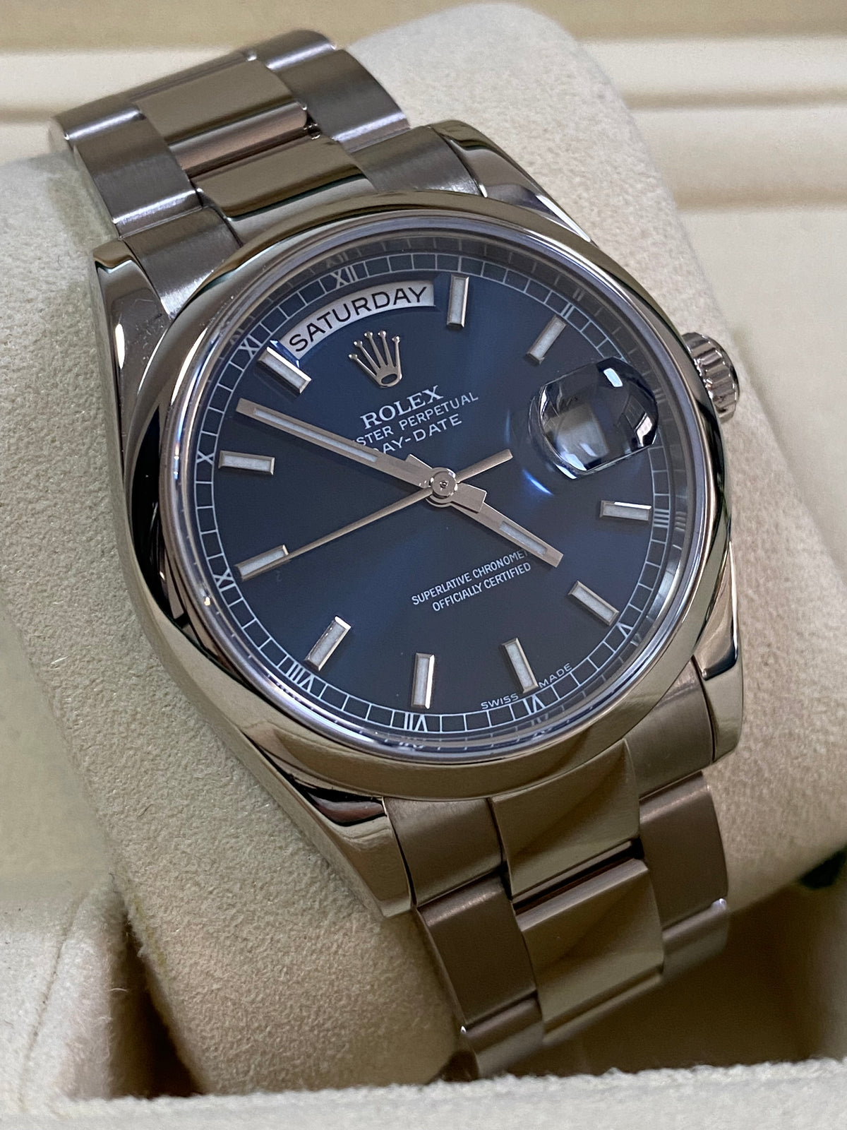 Rolex White Gold Day-Date 36 - Y Serial - Domed Bezel - Blue Index Dial - Oyster Bracelet - 118209