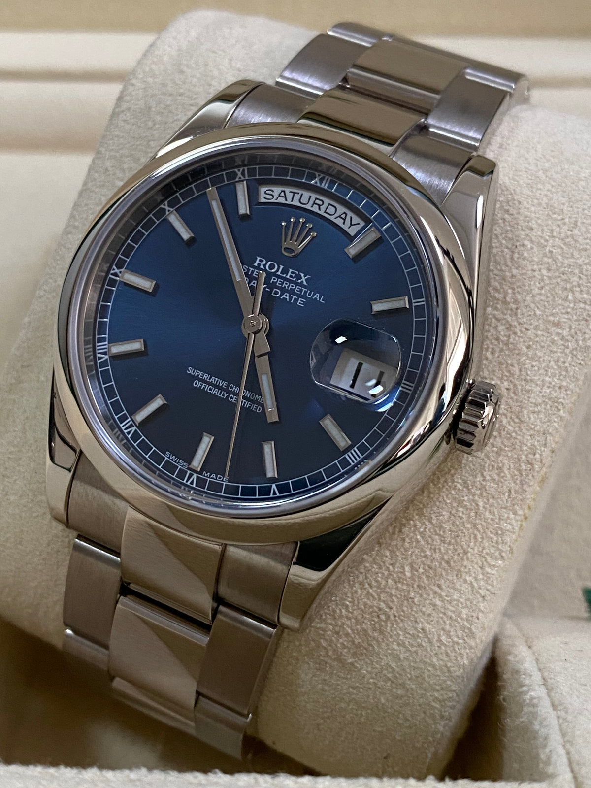 Rolex White Gold Day-Date 36 - Y Serial - Domed Bezel - Blue Index Dial - Oyster Bracelet - 118209