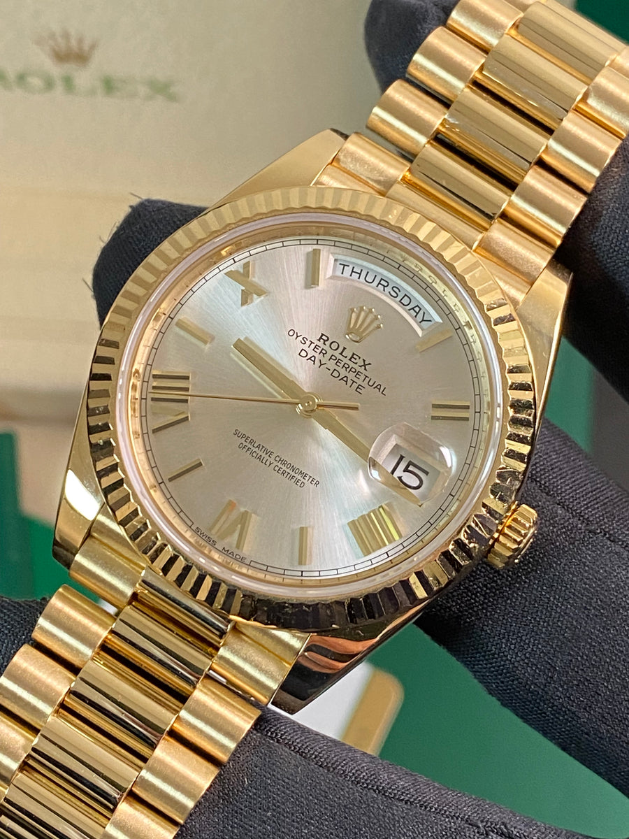 Rolex Yellow Gold Day-Date 40 - 2017 - Fluted Bezel - Silver Index Dial - President Bracelet - 228238 *FULL SET*