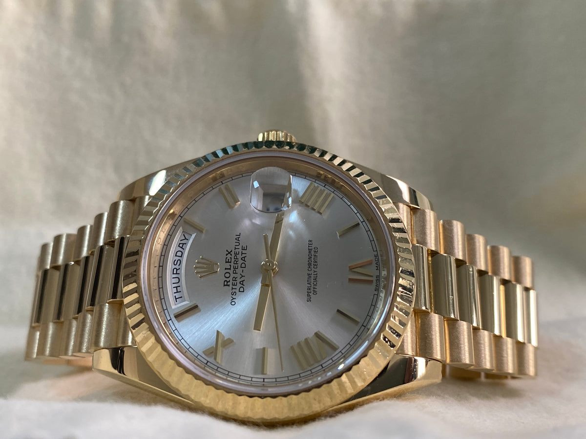 Rolex Yellow Gold Day-Date 40 - 2017 - Fluted Bezel - Silver Index Dial - President Bracelet - 228238 *FULL SET*