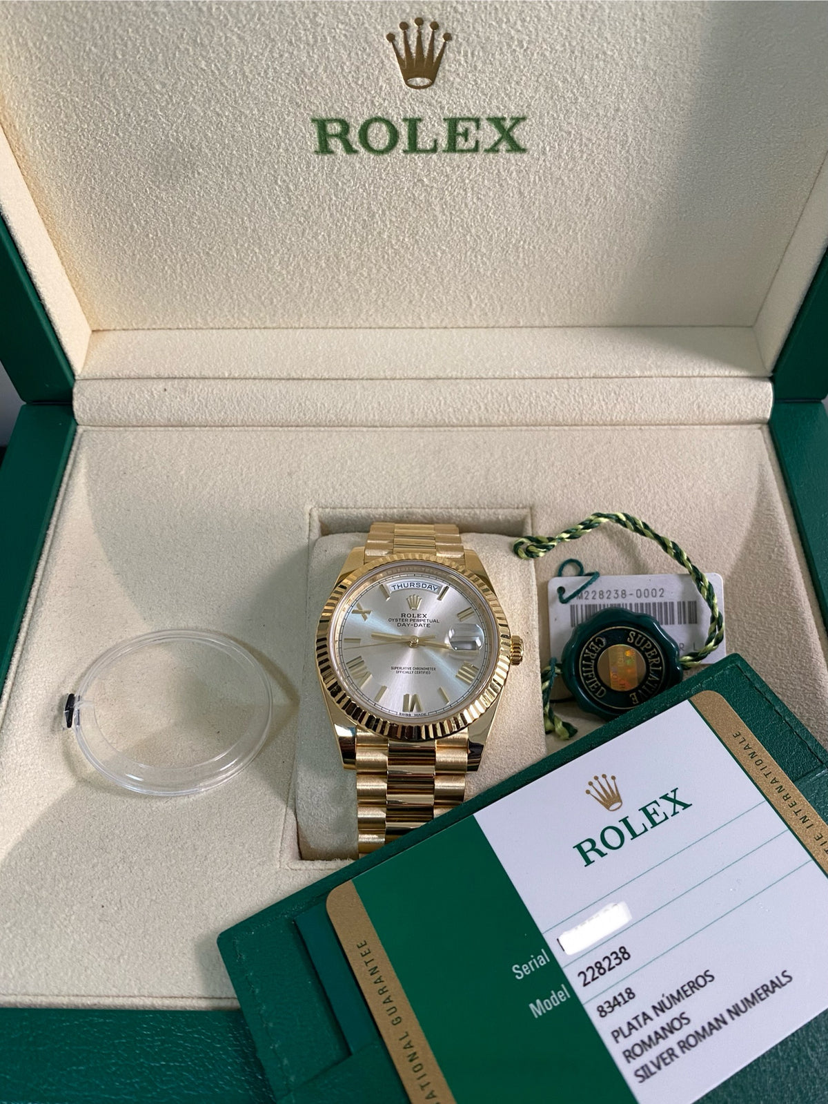 Rolex Yellow Gold Day-Date 40 - 2017 - Fluted Bezel - Silver Index Dial - President Bracelet - 228238 *FULL SET*