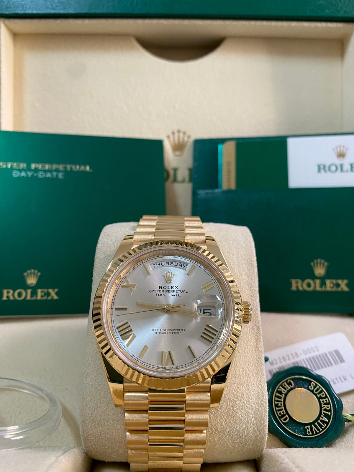 Rolex Yellow Gold Day-Date 40 - 2017 - Fluted Bezel - Silver Index Dial - President Bracelet - 228238 *FULL SET*