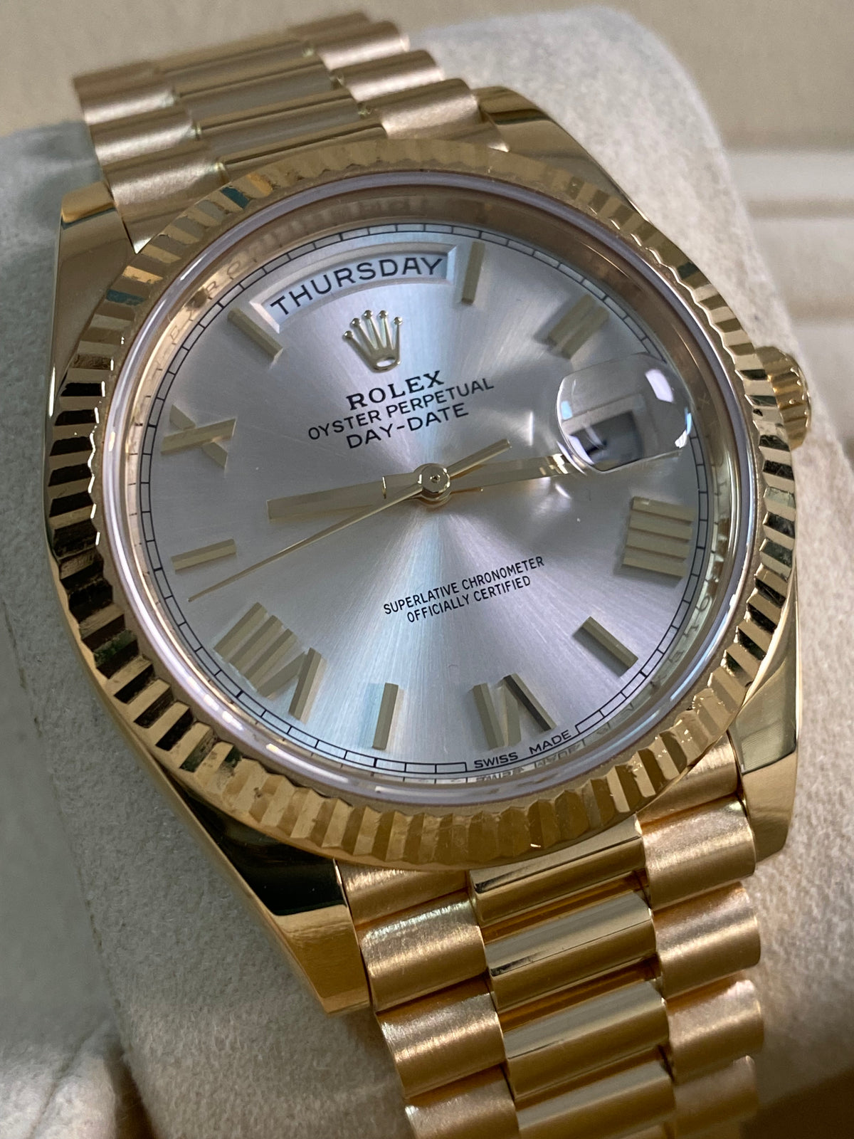 Rolex Yellow Gold Day-Date 40 - 2017 - Fluted Bezel - Silver Index Dial - President Bracelet - 228238 *FULL SET*