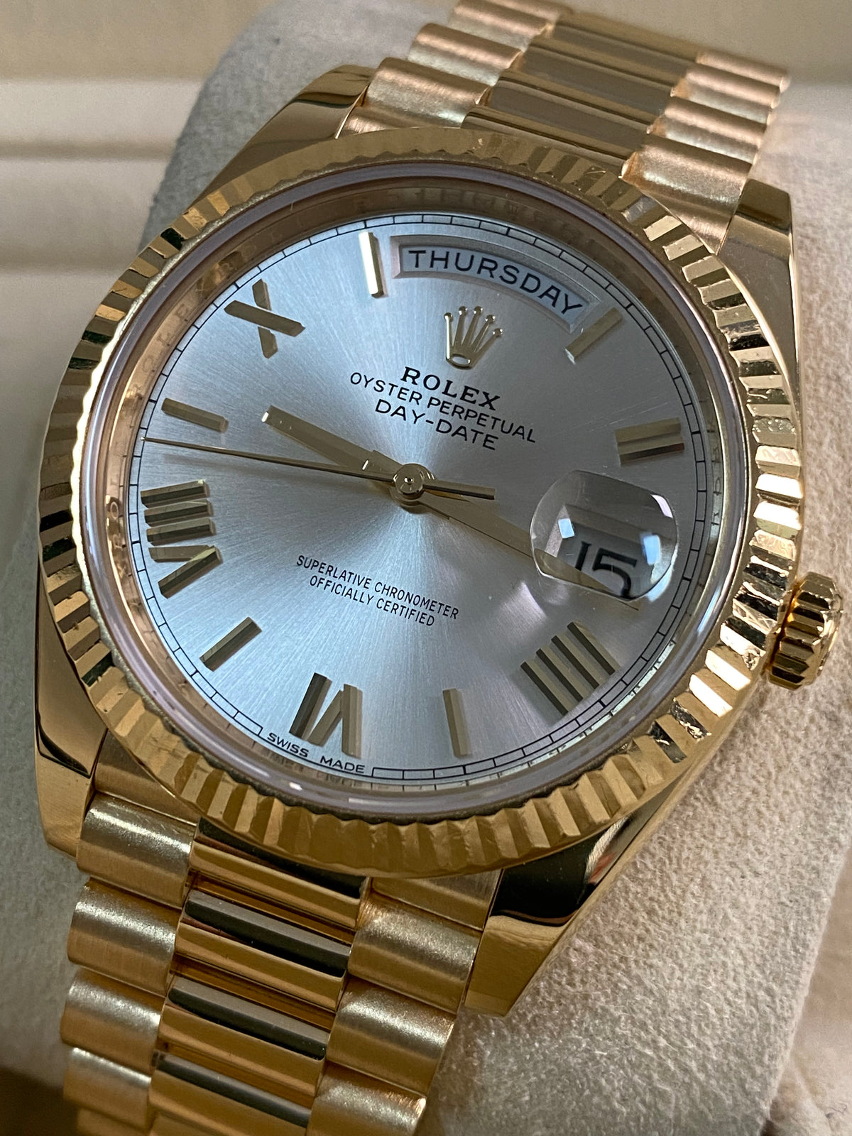 Rolex Yellow Gold Day-Date 40 - 2017 - Fluted Bezel - Silver Index Dial - President Bracelet - 228238 *FULL SET*