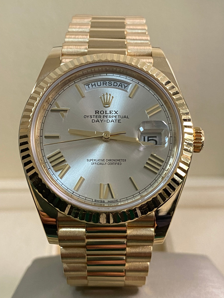 Rolex Yellow Gold Day-Date 40 - 2017 - Fluted Bezel - Silver Index Dial - President Bracelet - 228238 *FULL SET*