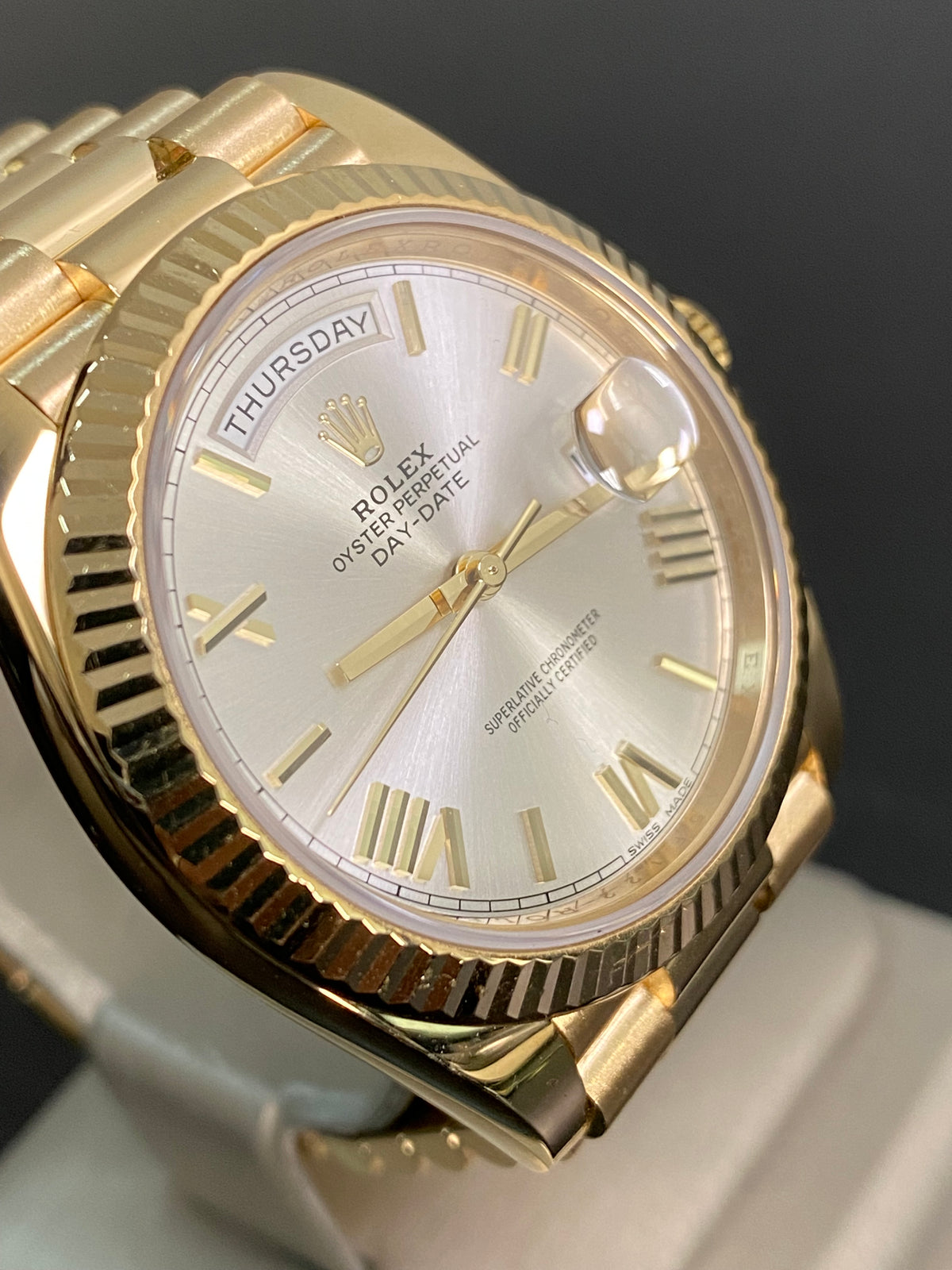 Rolex Yellow Gold Day-Date 40 - 2017 - Fluted Bezel - Silver Index Dial - President Bracelet - 228238 *FULL SET*