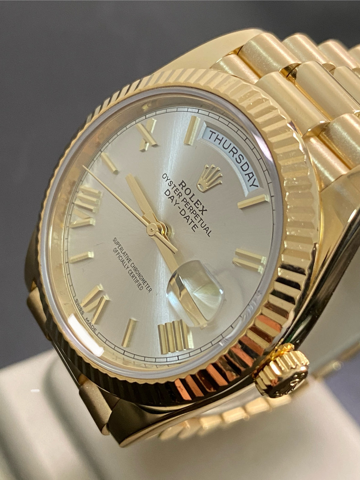 Rolex Yellow Gold Day-Date 40 - 2017 - Fluted Bezel - Silver Index Dial - President Bracelet - 228238 *FULL SET*