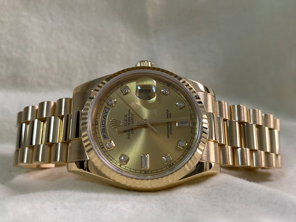 Rolex Yellow Gold Day-Date 36 - 2008 - Fluted Bezel - Champagne Diamond Dial - President Bracelet - 118238 *FULL SET*