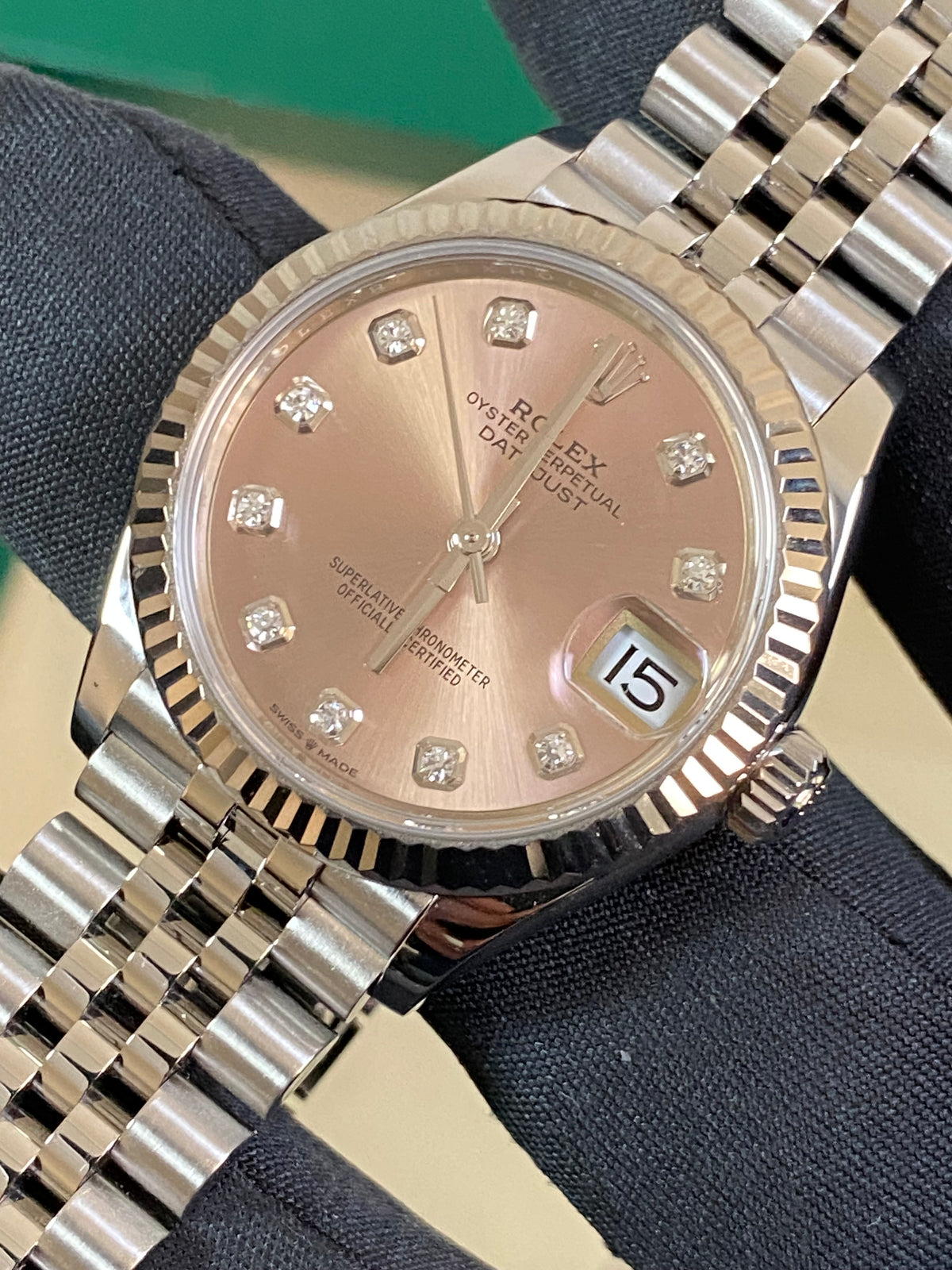 Rolex Steel and White Gold Datejust 31 - 2020 - Fluted Bezel - Pink Diamond Dial - Jubilee Bracelet - 278274