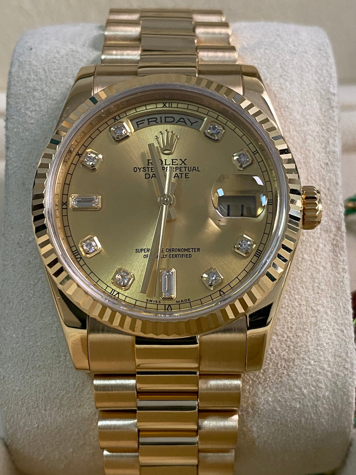 Rolex Yellow Gold Day-Date 36 - 2008 - Fluted Bezel - Champagne Diamond Dial - President Bracelet - 118238 *FULL SET*