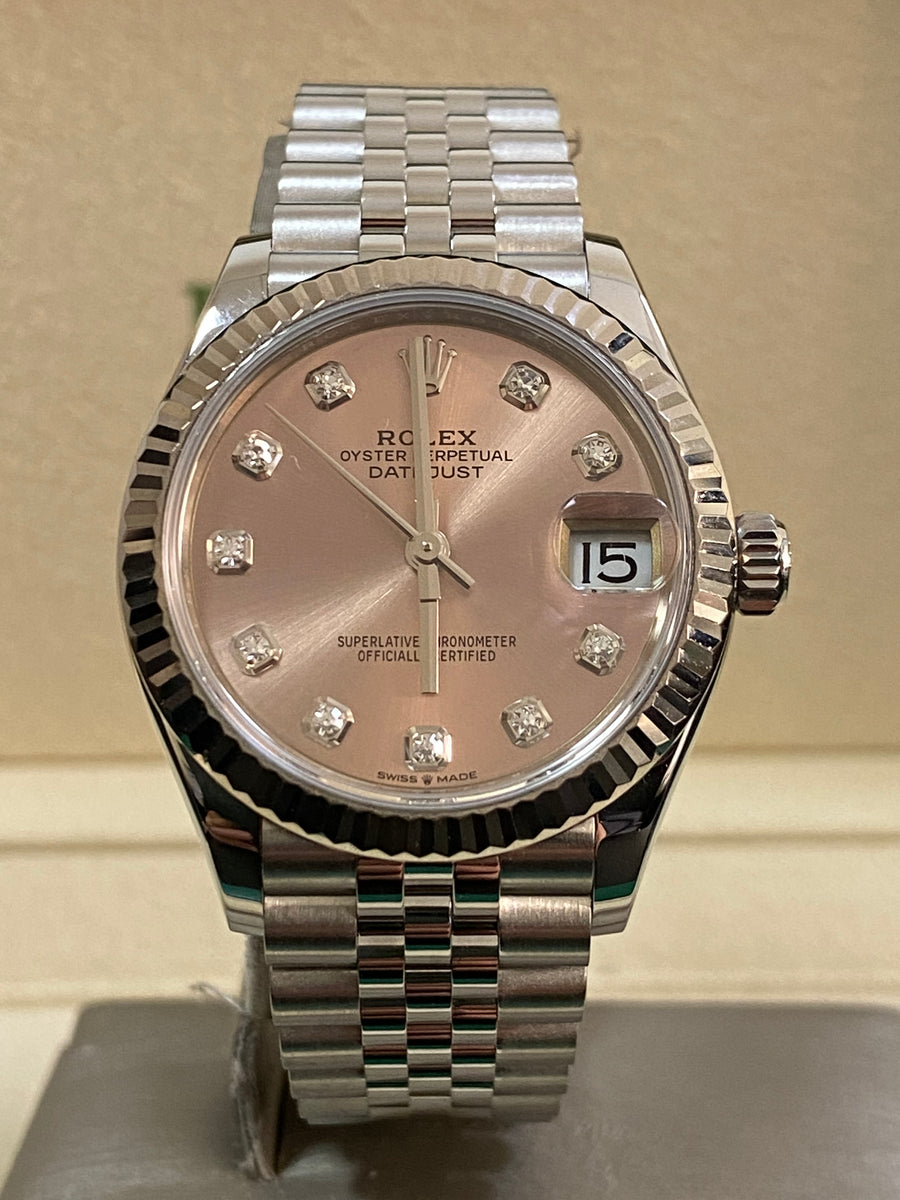 Rolex Steel and White Gold Datejust 31 - 2020 - Fluted Bezel - Pink Diamond Dial - Jubilee Bracelet - 278274