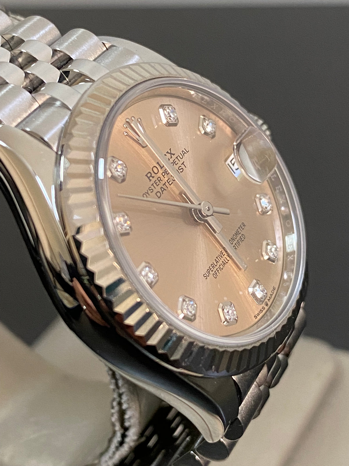 Rolex Steel and White Gold Datejust 31 - 2020 - Fluted Bezel - Pink Diamond Dial - Jubilee Bracelet - 278274