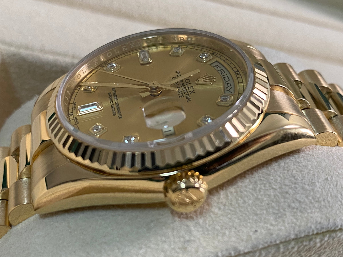 Rolex Yellow Gold Day-Date 36 - 2008 - Fluted Bezel - Champagne Diamond Dial - President Bracelet - 118238 *FULL SET*