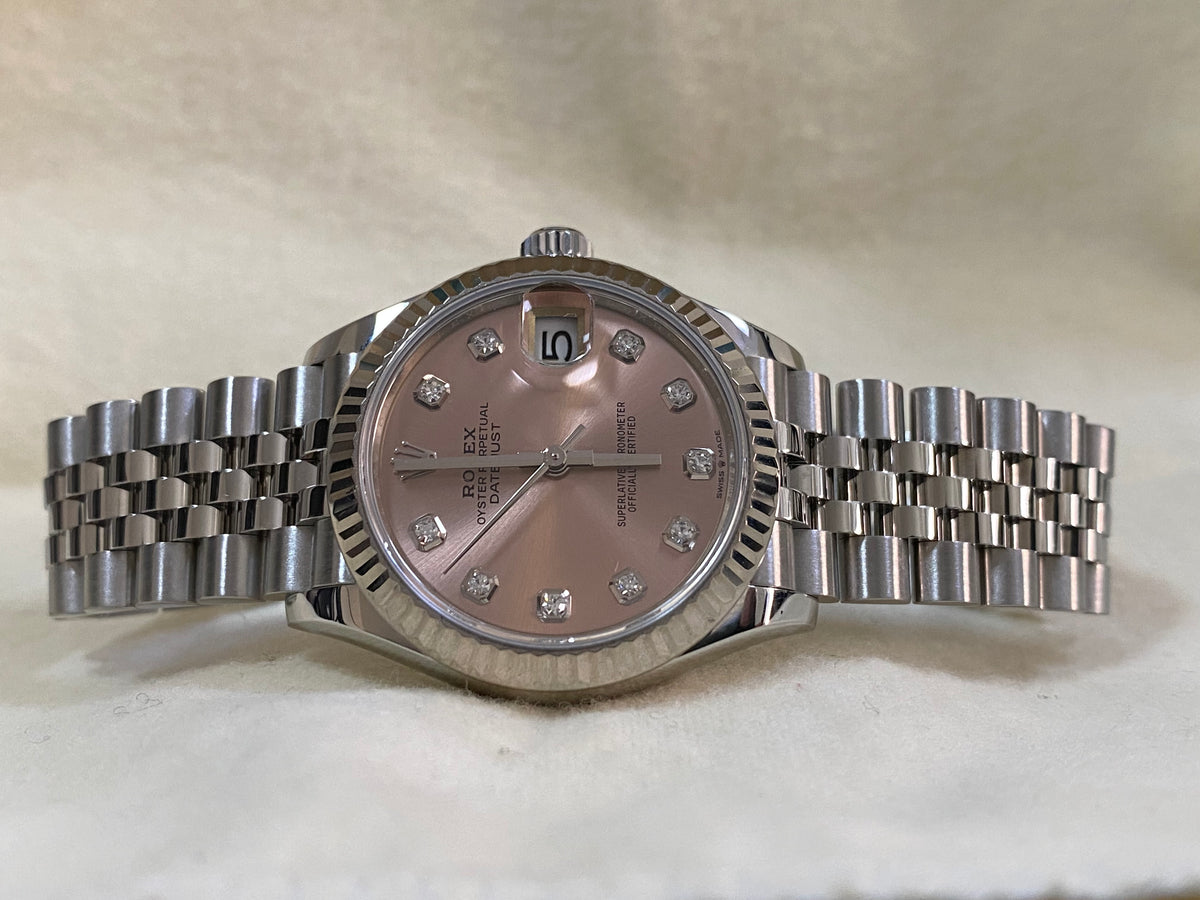 Rolex Steel and White Gold Datejust 31 - 2020 - Fluted Bezel - Pink Diamond Dial - Jubilee Bracelet - 278274