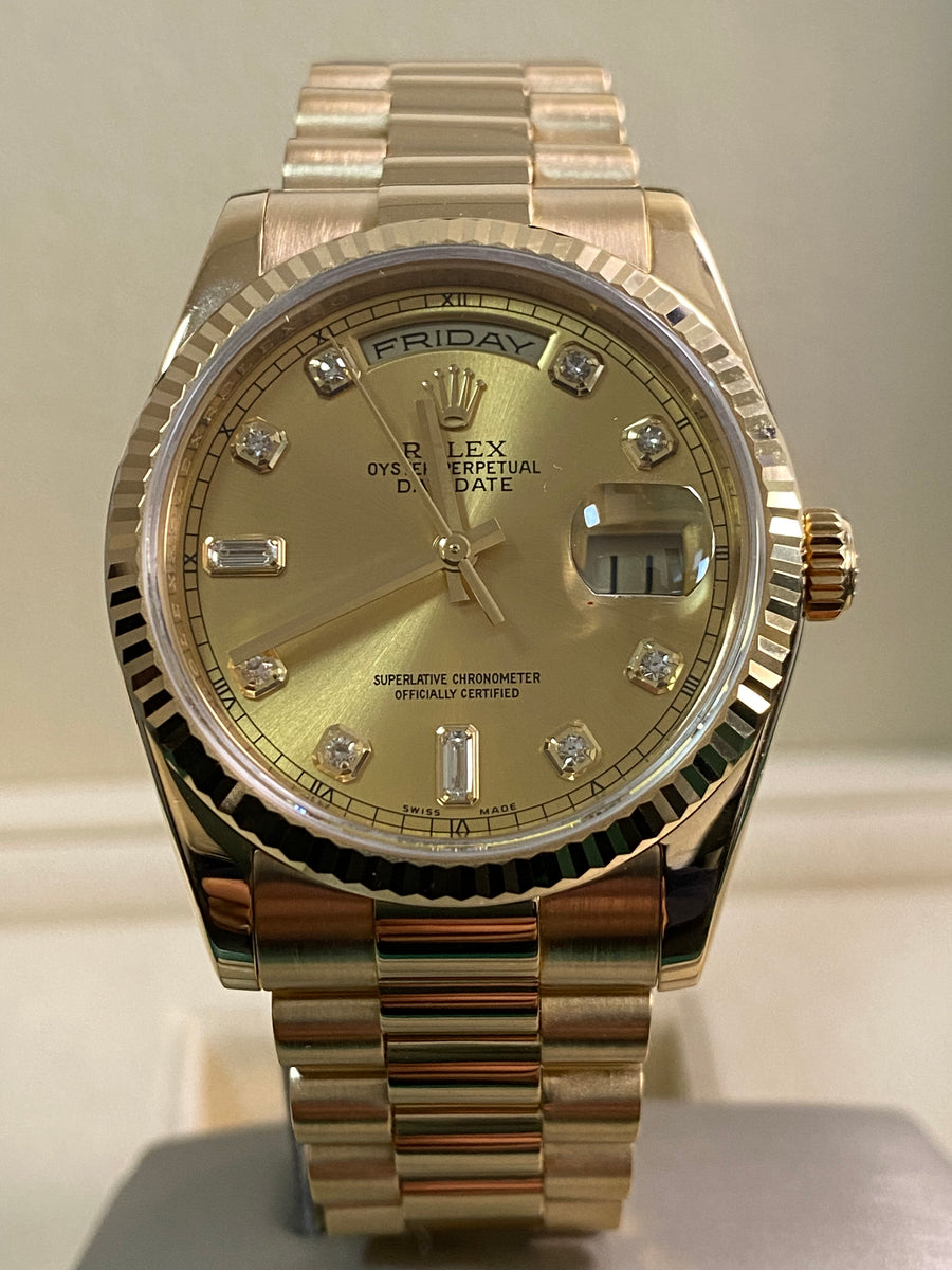 Rolex Yellow Gold Day-Date 36 - 2008 - Fluted Bezel - Champagne Diamond Dial - President Bracelet - 118238 *FULL SET*