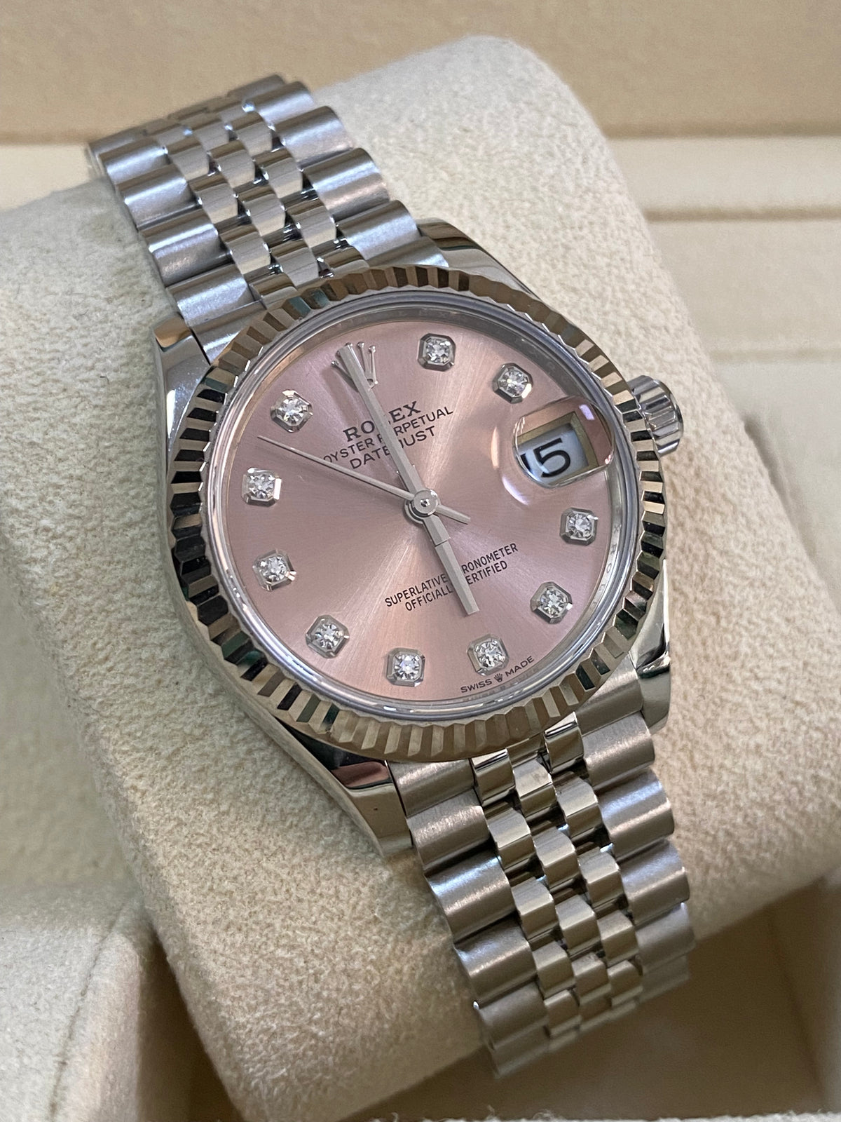 Rolex Steel and White Gold Datejust 31 - 2020 - Fluted Bezel - Pink Diamond Dial - Jubilee Bracelet - 278274