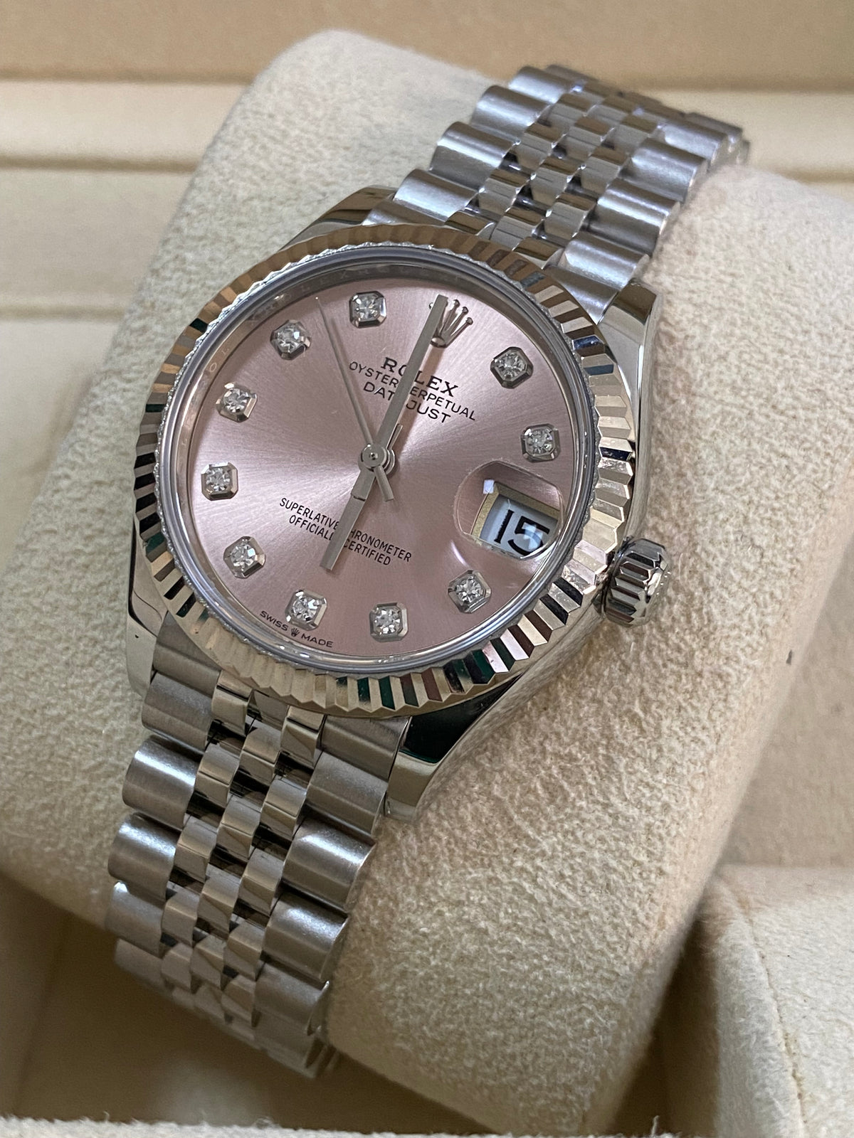 Rolex Steel and White Gold Datejust 31 - 2020 - Fluted Bezel - Pink Diamond Dial - Jubilee Bracelet - 278274