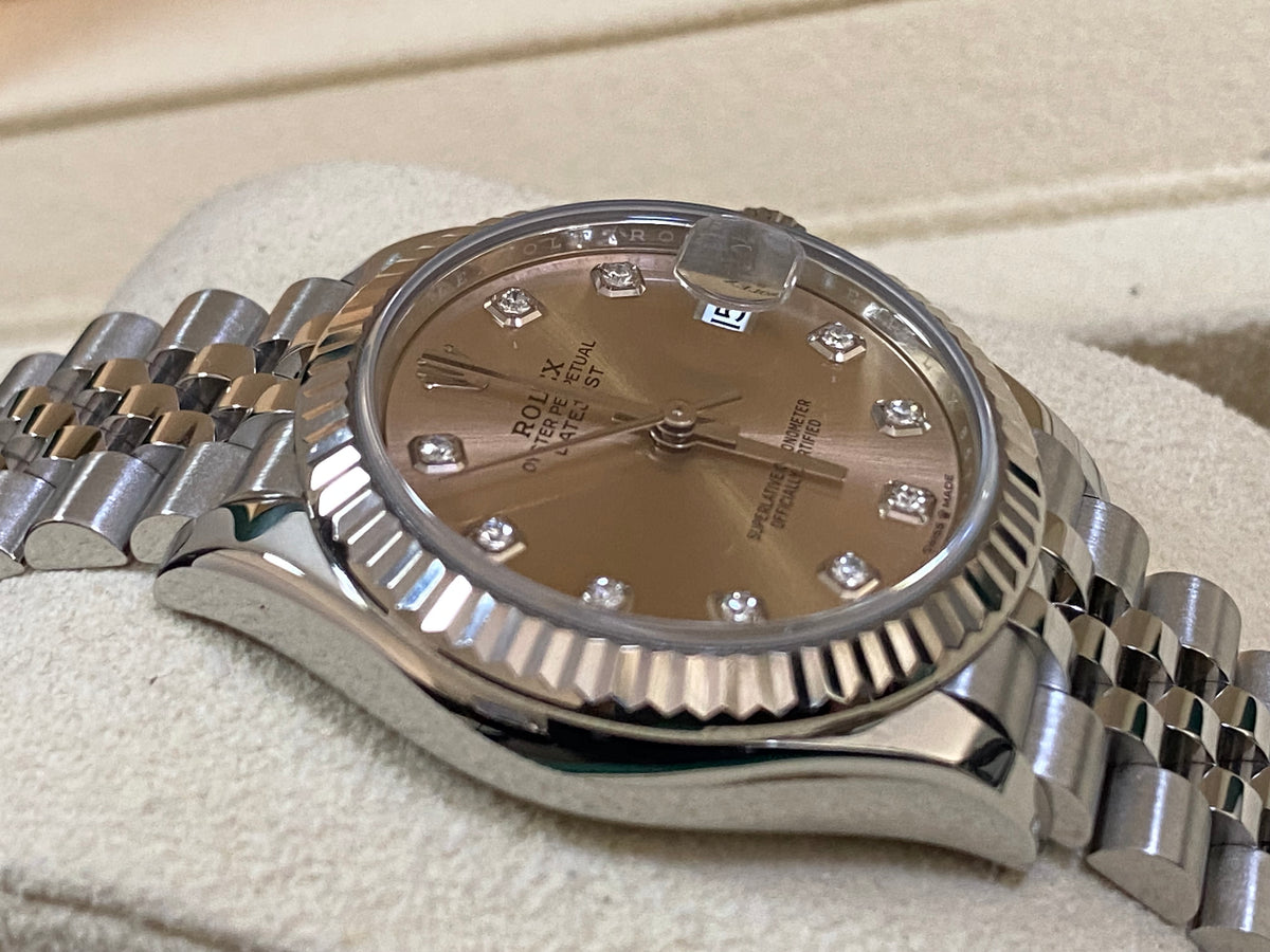 Rolex Steel and White Gold Datejust 31 - 2020 - Fluted Bezel - Pink Diamond Dial - Jubilee Bracelet - 278274