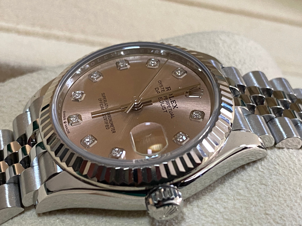 Rolex Steel and White Gold Datejust 31 - 2020 - Fluted Bezel - Pink Diamond Dial - Jubilee Bracelet - 278274