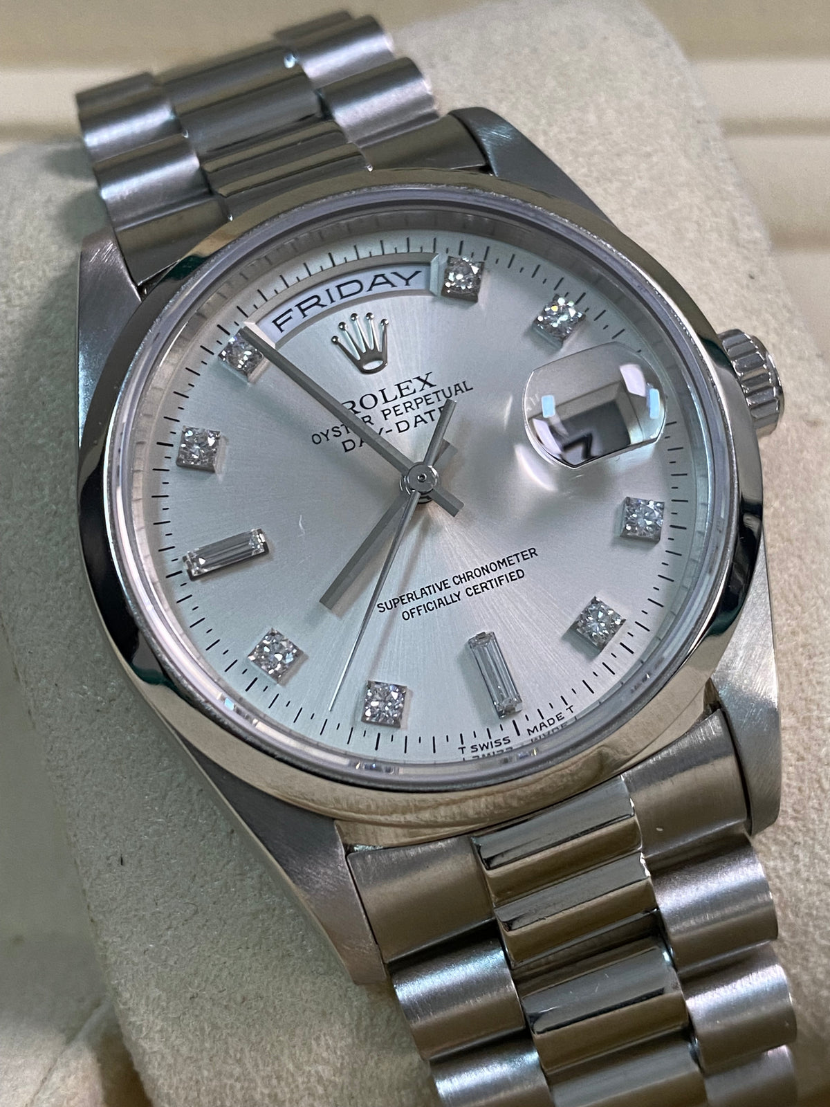 Rolex Platinum Day-Date 36 - W serial - Fluted Bezel - Silver Diamond Dial - President Bracelet - 18206