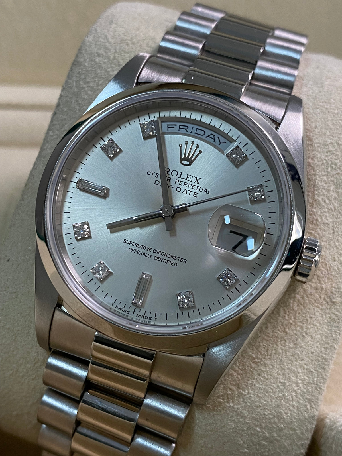 Rolex Platinum Day-Date 36 - W serial - Fluted Bezel - Silver Diamond Dial - President Bracelet - 18206