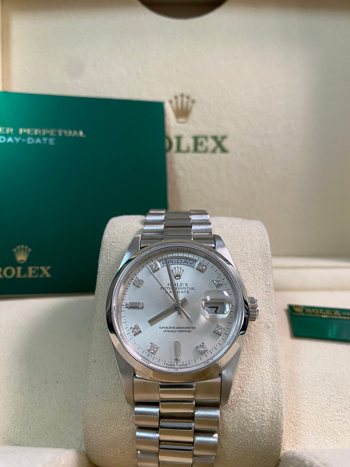 Rolex Platinum Day-Date 36 - W serial - Fluted Bezel - Silver Diamond Dial - President Bracelet - 18206