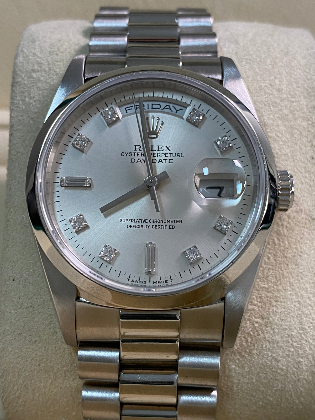 Rolex Platinum Day-Date 36 - W serial - Fluted Bezel - Silver Diamond Dial - President Bracelet - 18206