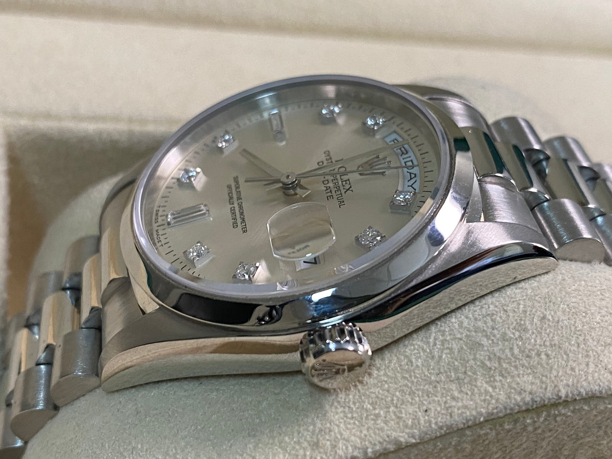 Rolex Platinum Day-Date 36 - W serial - Fluted Bezel - Silver Diamond Dial - President Bracelet - 18206