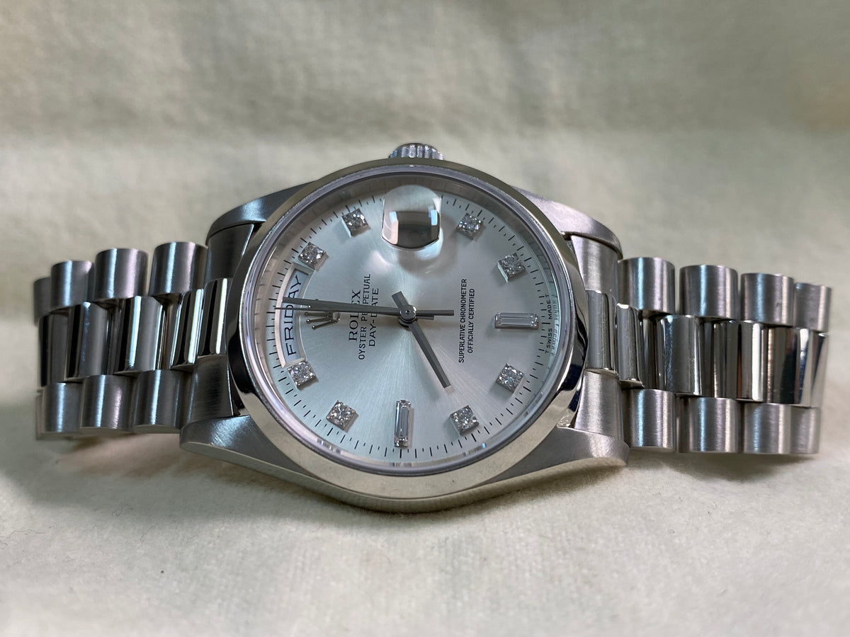 Rolex Platinum Day-Date 36 - W serial - Fluted Bezel - Silver Diamond Dial - President Bracelet - 18206