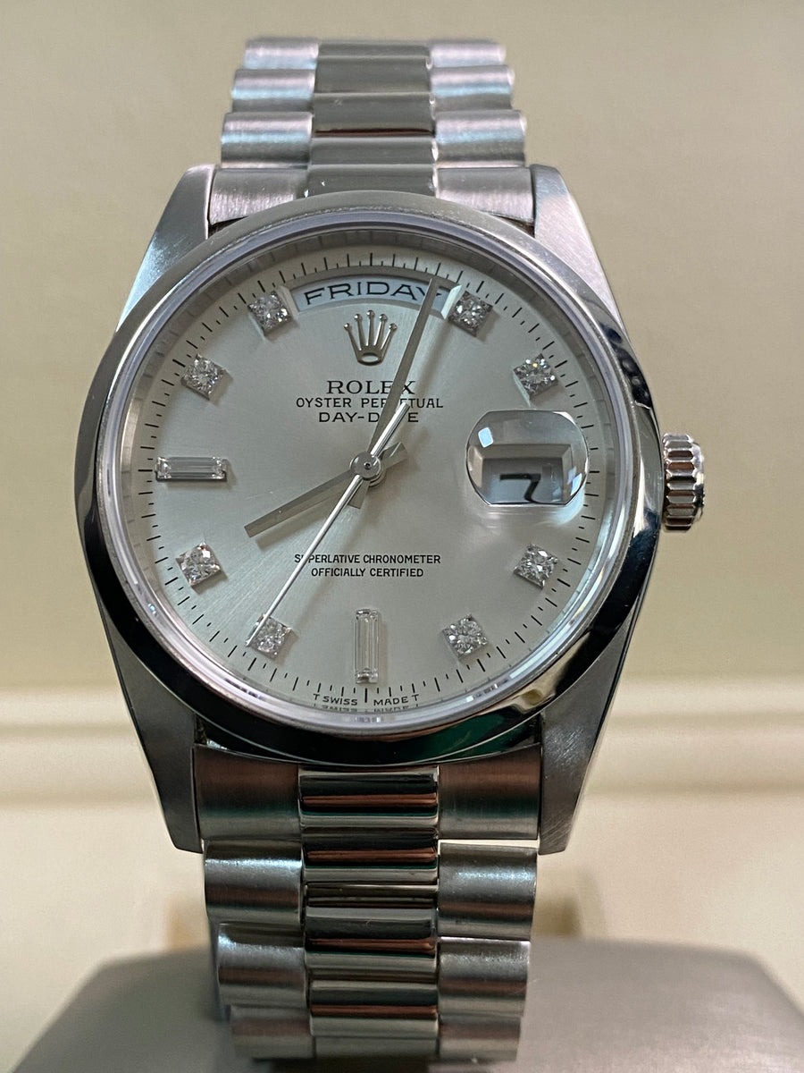 Rolex Platinum Day-Date 36 - W serial - Fluted Bezel - Silver Diamond Dial - President Bracelet - 18206