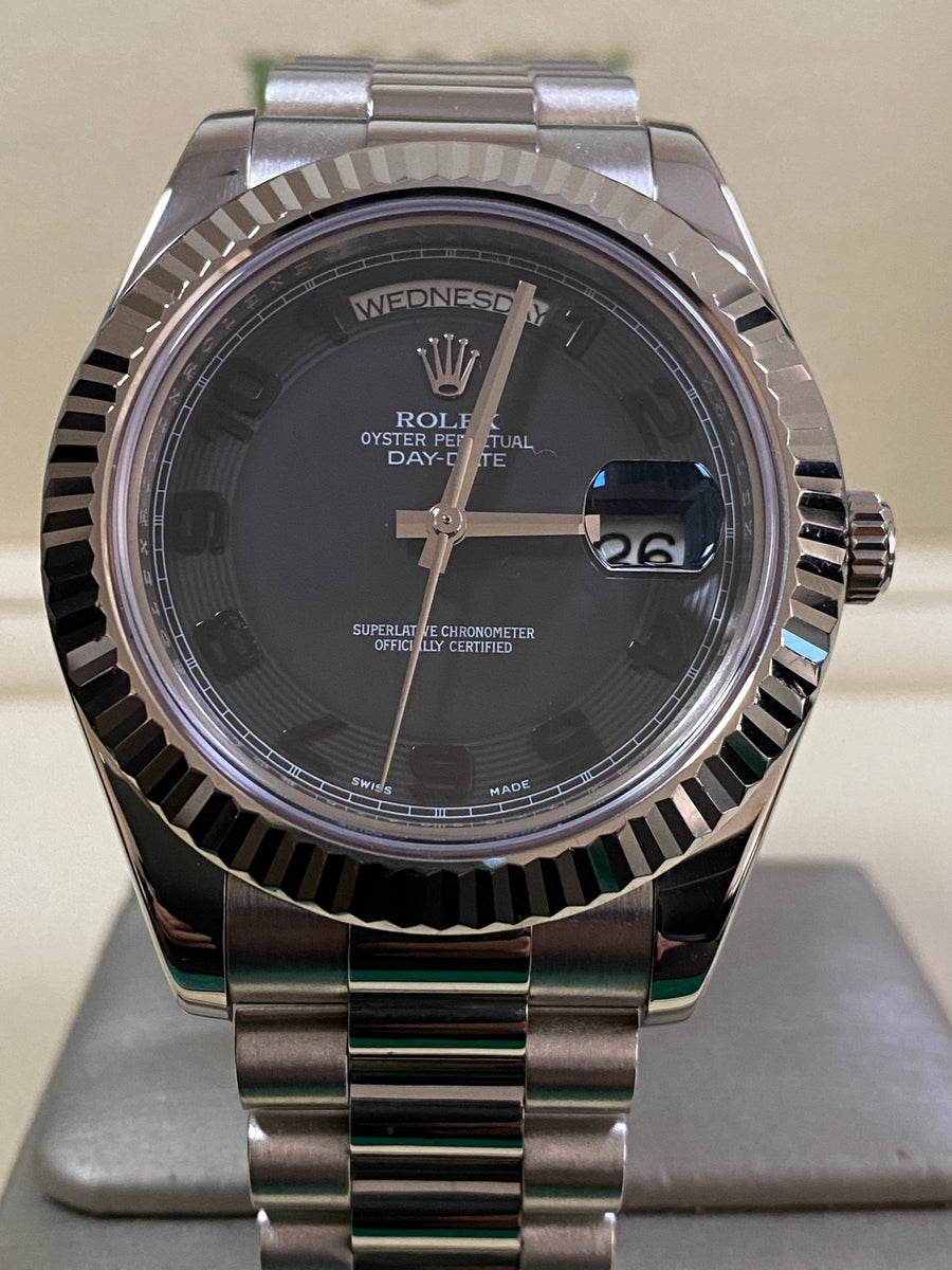 Rolex White Gold Day-Date II - 2011 - Fluted Bezel - Black Concentric Dial - President Bracelet - 218239