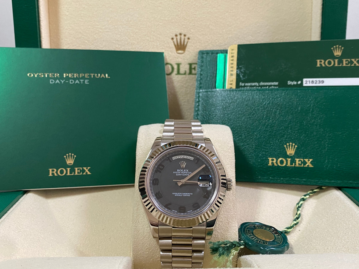 Rolex White Gold Day-Date II - 2011 - Fluted Bezel - Black Concentric Dial - President Bracelet - 218239