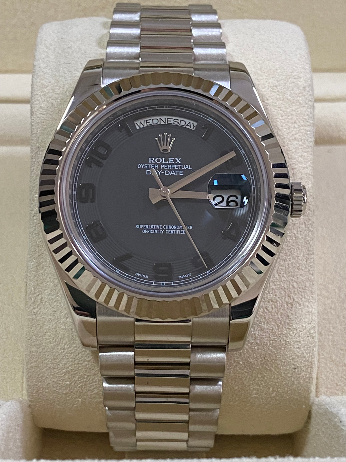 Rolex White Gold Day-Date II - 2011 - Fluted Bezel - Black Concentric Dial - President Bracelet - 218239