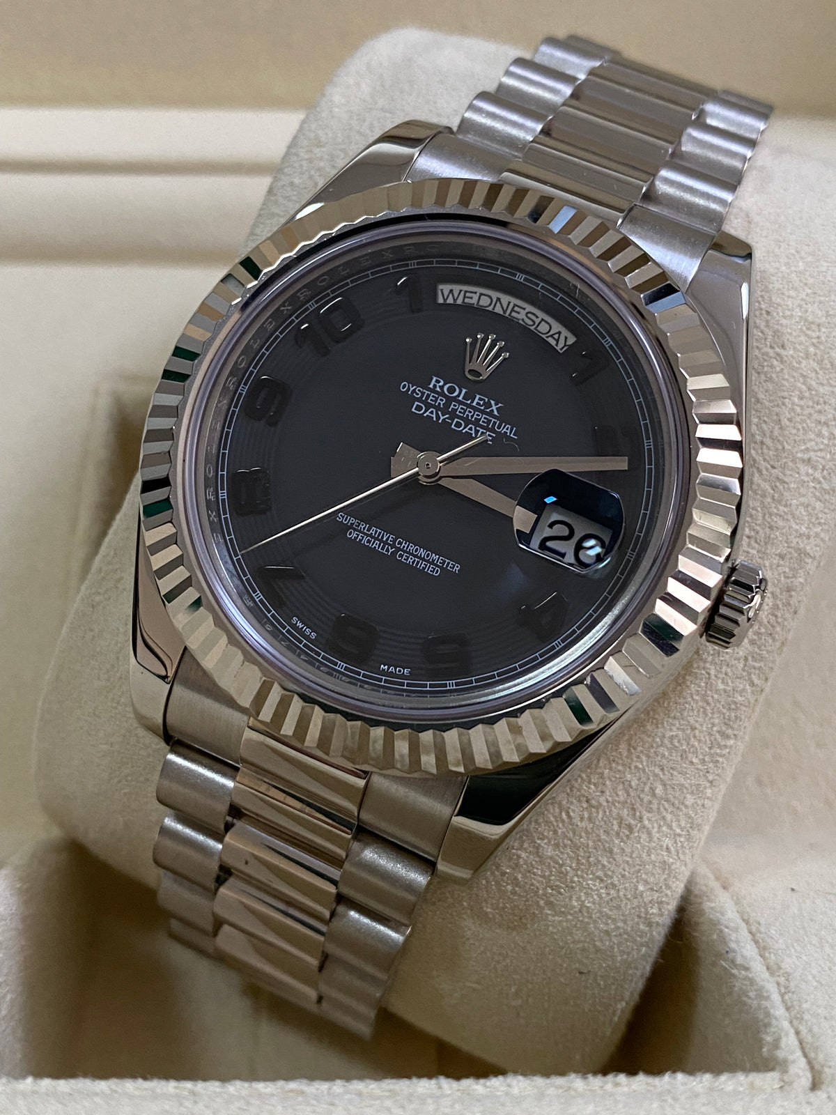 Rolex White Gold Day-Date II - 2011 - Fluted Bezel - Black Concentric Dial - President Bracelet - 218239