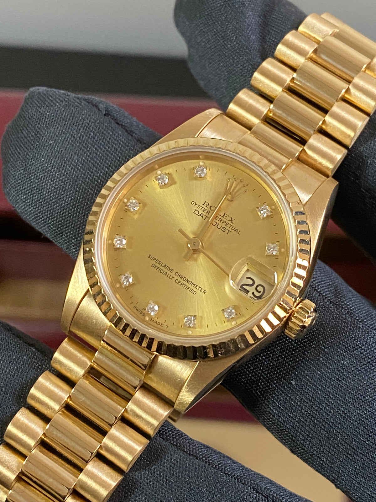 Rolex Yellow Gold Datejust 31 - L Serial - Fluted Bezel - Factory Diamond Dial - President Bracelet - 68278