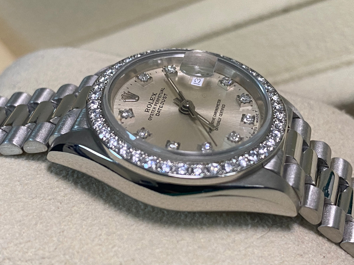 Rolex Platinum Lady-Datejust 26 - L serial - Diamond Bezel - Silver Diamond Dial - President Bracelet - 69136