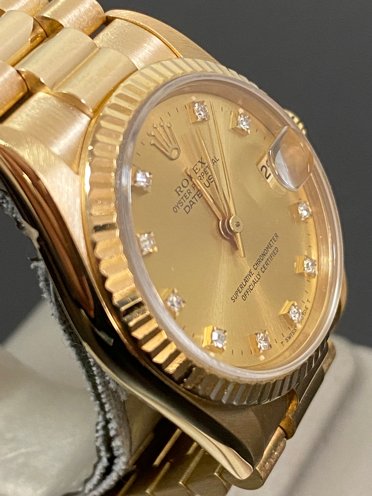 Rolex Yellow Gold Datejust 31 - L Serial - Fluted Bezel - Factory Diamond Dial - President Bracelet - 68278