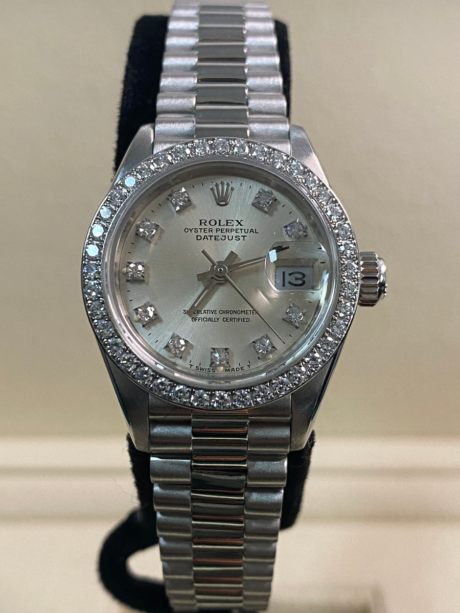 Rolex Platinum Lady-Datejust 26 - L serial - Diamond Bezel - Silver Diamond Dial - President Bracelet - 69136