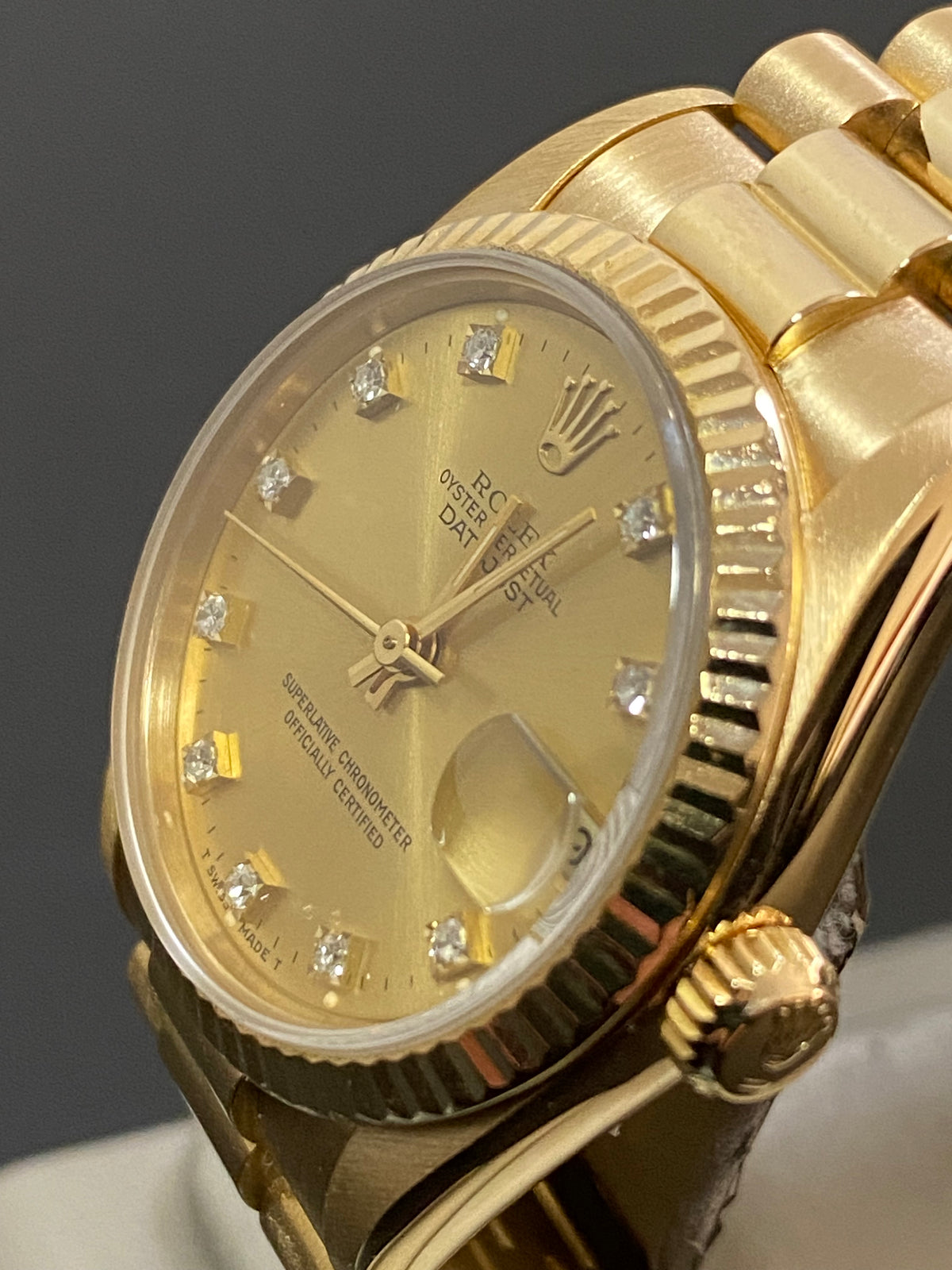 Rolex Yellow Gold Datejust 31 - L Serial - Fluted Bezel - Factory Diamond Dial - President Bracelet - 68278