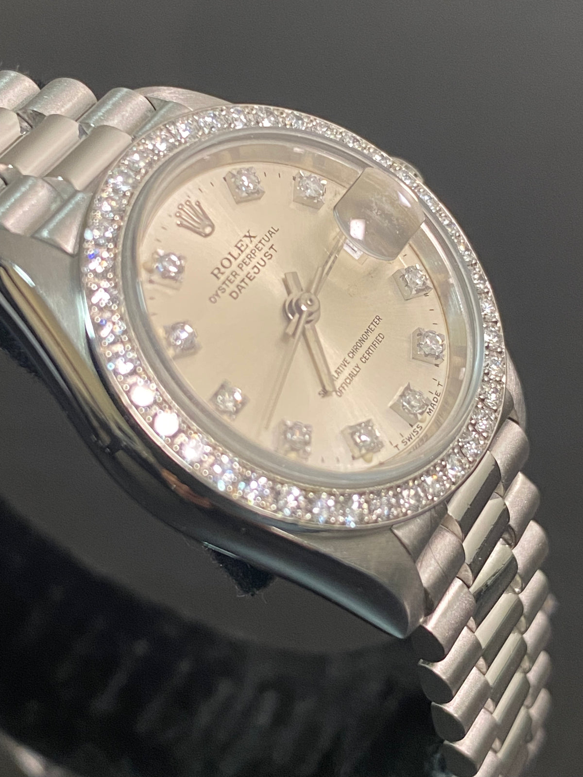 Rolex Platinum Lady-Datejust 26 - L serial - Diamond Bezel - Silver Diamond Dial - President Bracelet - 69136