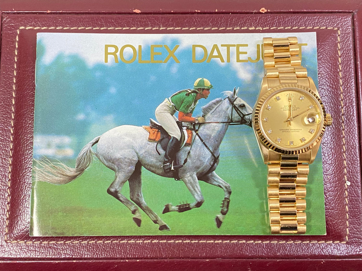 Rolex Yellow Gold Datejust 31 - L Serial - Fluted Bezel - Factory Diamond Dial - President Bracelet - 68278