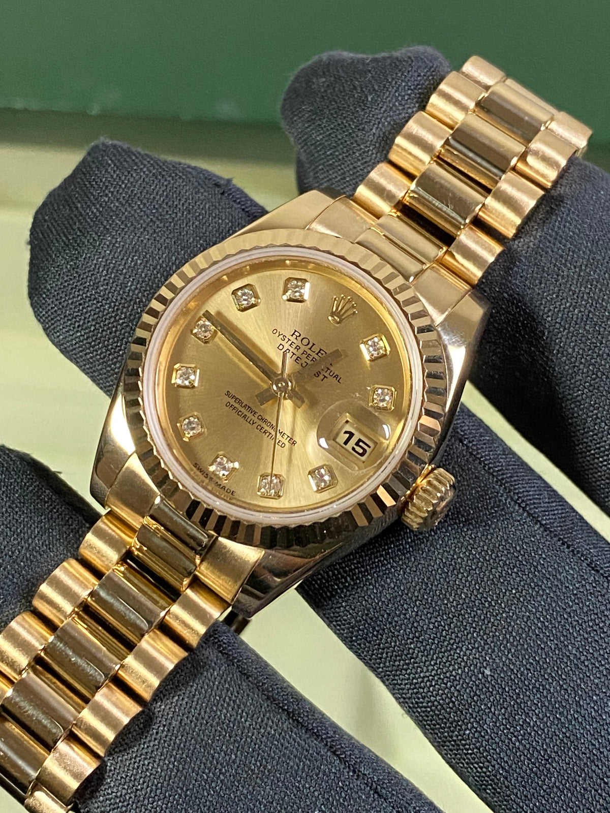 Rolex Yellow Gold Lady-Datejust - D Serial - Fluted Bezel - Factory Diamond Dial - President Bracelet - 179178