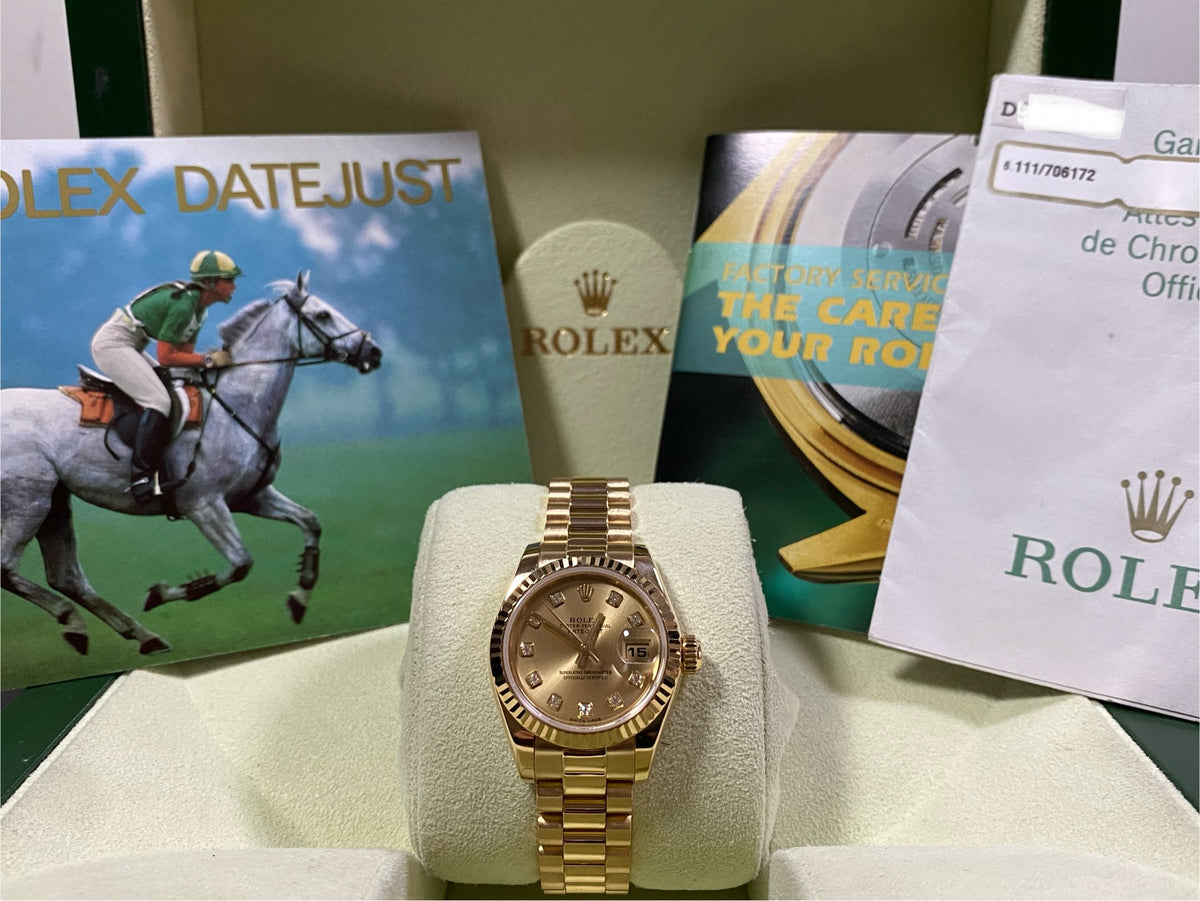 Rolex Yellow Gold Lady-Datejust - D Serial - Fluted Bezel - Factory Diamond Dial - President Bracelet - 179178